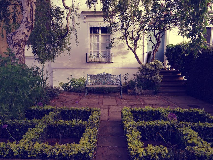 A small, well-maintained front garden featuring a paved brick patio with neatly trimmed rectangular box hedges in the foreground. Behind the hedges, there are various lush green plants and flowering shrubs, some with purple and pink blooms. To the right, stone steps lead up to a white building with a window framed by a small decorative balcony railing. An ornate metal garden bench with intricate scrollwork is positioned in the center of the patio, facing the building. Tall trees with textured bark and leafy canopies cast dappled shade over the area, contributing to a peaceful, shaded atmosphere. The garden appears to be in the midst of routine maintenance, with visible plant care and trimming, exemplifying the professional garden maintenance services provided by Gardeners Highbury. The scene suggests a tidy and thoughtfully designed outdoor space suitable for relaxing or enjoying outdoor gardening activities, captured under soft, indirect natural lighting.