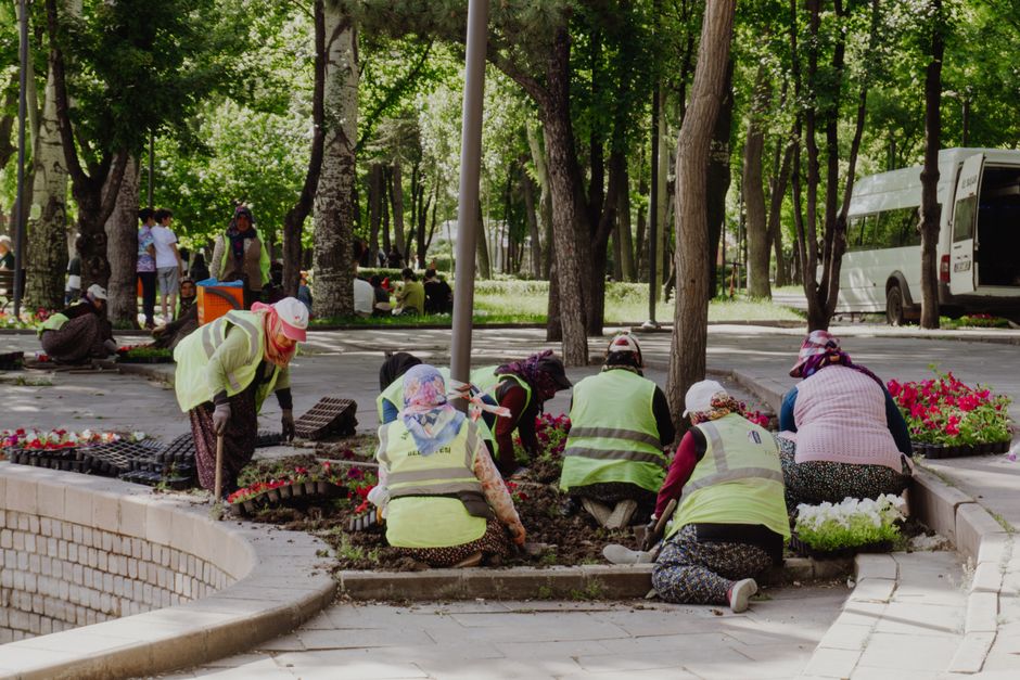 A group of community gardeners, wearing reflective vests and colorful headscarves, are engaged in gardening work in a public park with tall, leafy trees. They are planting and tending to flower beds containing vibrant pink, white, and purple blooms, with some gardeners kneeling on the paved pathway and others crouching in the soil. The garden beds are edged with bricks, and the soil appears freshly turned and moist. In the background, additional people are walking along the pathways beneath the lush tree canopy, with a white van parked nearby. Garden tools such as small trowels and seed trays lie on the ground, indicating active garden maintenance and landscaping work, reflecting the community's efforts to enhance the green space. The environment is well-shaded with dappled sunlight filtering through the foliage, emphasizing the care and attention given to urban gardening, with Gardeners Highbury providing professional landscaping and lawn care services to support such community projects.